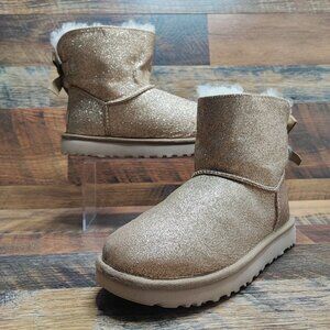 UGG Women's MIni Bailey Bow Sparkle Gold Glitter Boots Size 6